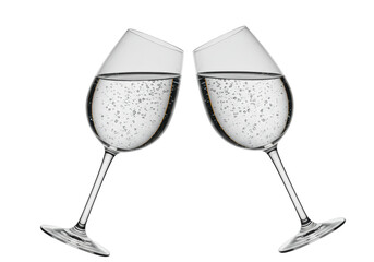 Two champagne flutes with sparkling water isolated on transparent background, celebration toast for special occasions