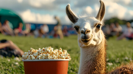 Funny happy llama eating popcorn from bucket outdoors. humorous animal enjoying quirky snack in park during an event