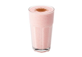 Delicious pink strawberry smoothie with cocoa powder isolated, refreshing and healthy drink for breakfast or snack