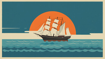 A vintage style illustration of a sailing ship at sea with a large orange sun in the background