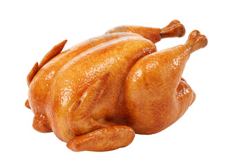 Roasted whole chicken isolated PNG, golden brown poultry for Thanksgiving or Christmas dinner celebration on transparent background