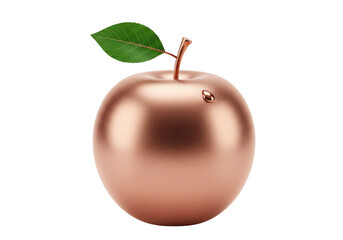 Shiny copper apple isolated on transparent background, metallic fruit with green leaf for decoration and design element