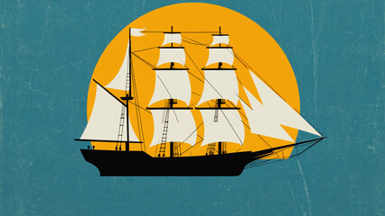 Illustration of a black sailing ship with white sails against a yellow sun and blue background