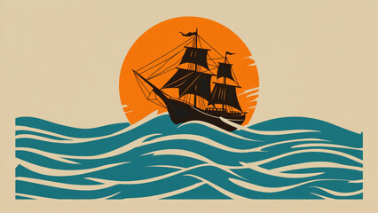 Silhouette of a sailing ship on the ocean with a large orange sun setting in the background art
