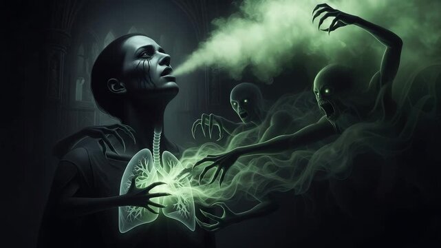 Eerie encounter with ghostly figures and glowing lungs creates a suspenseful horror scene, perfect for Halloween or supernatural themed projects