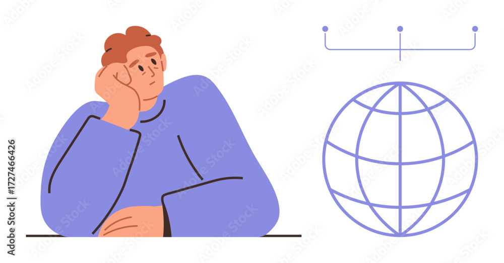 Aufkleber person resting on hand with thoughtful expression, globe illustration with connection lines. ideal f