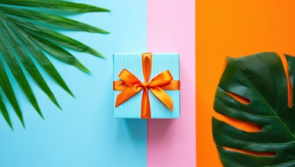 Light blue gift box with orange ribbon and green tropical leaves present