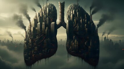 Pollution's grip choking our cities, a grim look at urban environmental health impacts with lungs made of buildings pumping out smoke in a dystopian landscape