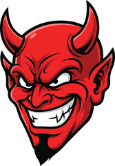 Cartoon devil head vector illustration with red skin, sharp horns, evil grin, sinister face, scary halloween artwork, fantasy horror design