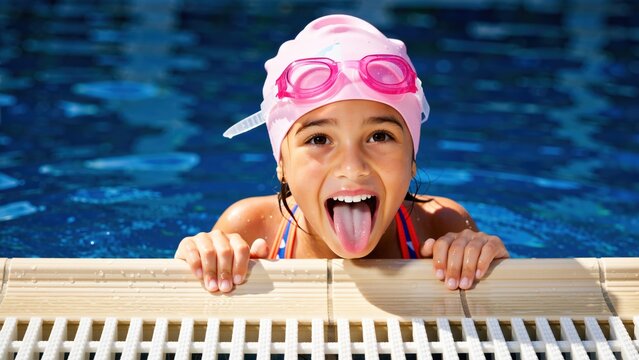 Playful girl in pink swim cap and goggles sticking out tongue at swimming pool.