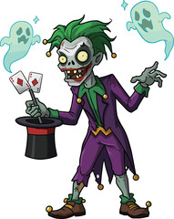 Zombie magician character, spooky cartoon illustration, Halloween fantasy art, undead magic show, ghost companions, playing cards, surreal horror concept, eerie vibe