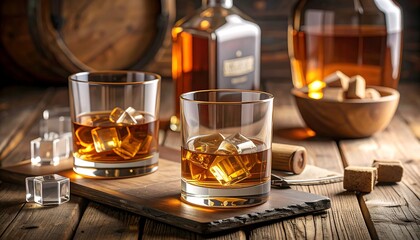 Glasses of whiskey with ice on wooden surface; bottle, wooden barrel, and cubes
