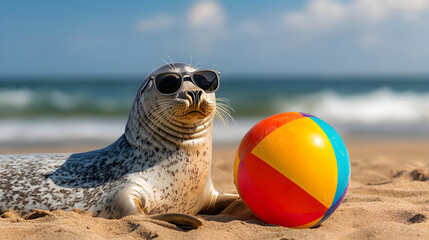 Obraz premium Cool funny seal wearing sunglasses on beach during summer vacation. happy animal relaxes with colorful ball