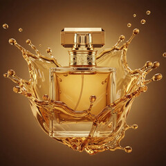 Elegant perfume bottle with golden liquid splash on a brown background in a studio setting