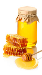 Artisan Honey Setup with Natural Honeycomb and Wooden Wand
