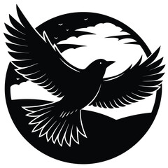 A bird soars gracefully across a serene landscape, its wings spread wide against a backdrop of rolling hills