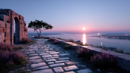 Ancient Stone Gate with Brick Pathway Overlooking Ocean at Sunset with Pink and Blue Sky and Distant City Lights Under Cinematic Lighting
