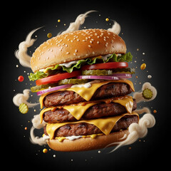 A mouthwatering triple cheeseburger with fresh toppings against a dark and smoky background scene