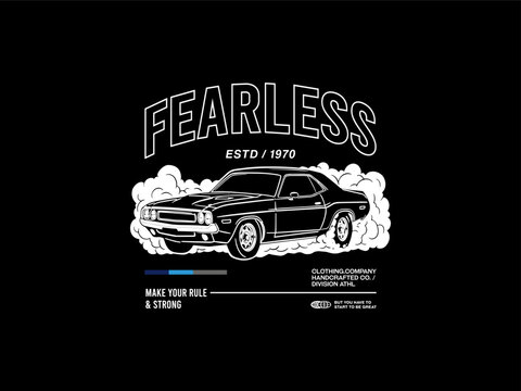 Retro 1970s Muscle Car Fearless Automotive Apparel Vector Graphic, design t-shirt streetwear clothing, vector typography, perfect for modern apparel