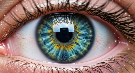 A close up view of a human eye with blue and yellow iris and dark eyelashes with skin details