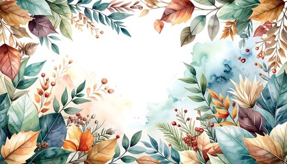 Watercolor illustration with autumn leaves framing a central white space, soft, airy look