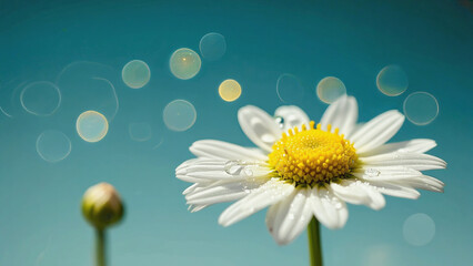Close up of a daisy with water droplets on its petals against a bokeh filled blue background