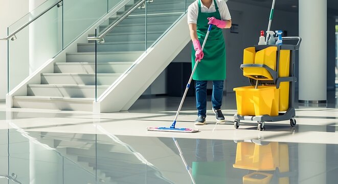 Professional cleaner mopping a shiny floor in a modern office building - Powered by Adobe
