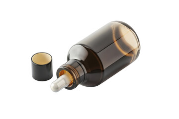 Dark glass dropper bottle with silver dropper cap, partially open, showcasing its elegant design. Ideal for essential oils or serums