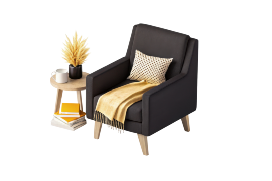 Cozy armchair with decorative pillow, soft throw blanket, and side table featuring plant and books creates warm atmosphere