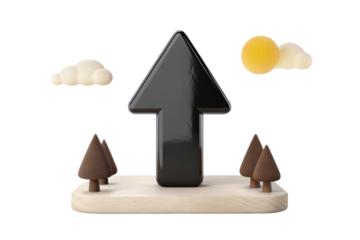 Modern black arrow symbolizing growth stands wooden base, surrounded by stylized trees and playful clouds, evoking sense of optimism and progress