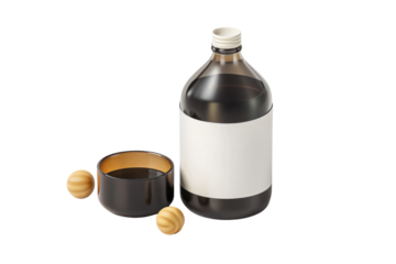 Dark glass bottle with blank label and small container beside it, both featuring wooden caps, evokes sense of elegance and simplicity