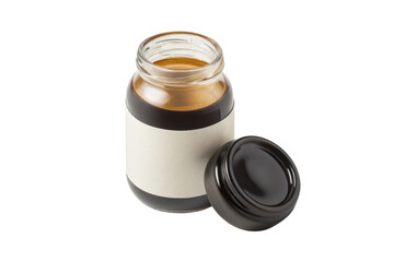 Glass jar with black lid contains golden liquid, showcasing minimalist design with blank label, perfect for various uses