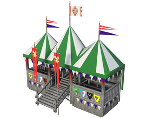 A medieval-style jousting stand with flags on a transparent background.