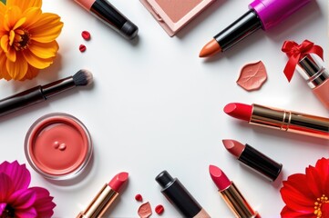 Elegant cosmetics arranged on a pristine white background, subtly illuminated to highlight textures and details, products, powder, luxury