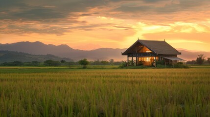 Peaceful farmhouse in golden fields