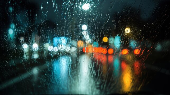 Nighttime cityscape with rain on the windshield