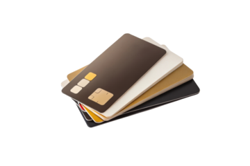 Digital payment cards stacked together, showcasing various colors and designs. These cards represent modern financial transactions and convenience