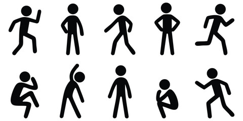 Stickman activity poses showing jogging, stretching, walking, squatting, and exercising actions for healthy lifestyle and fitness