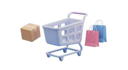 Light Blue Shopping Cart with Cardboard Box and Bags isolated on a transparent background grocery cart