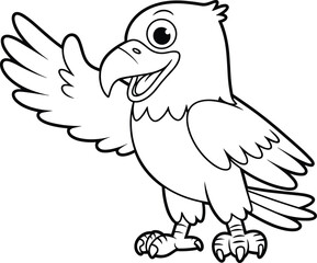 Obraz premium Cheerful cartoon parrot with wings spread wide, standing upright, black and white line art for coloring or education