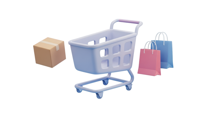 Light Blue Shopping Cart with Cardboard Box and Bags isolated on a transparent background grocery cart