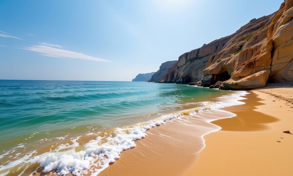 Golden sand meets turquoise waters at this pristine Sicilian beach. Gentle waves lap the shore, creating a tranquil atmosphere perfect for relaxation. Sun-dre, holiday, golden sand, vegetation