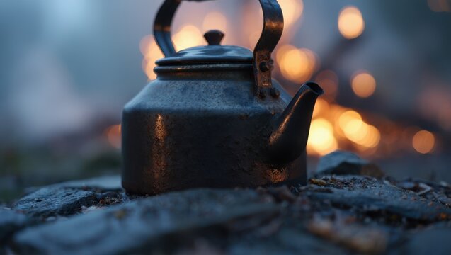 Old metal kettle on rocks with blurred fiery background rustic dark - Powered by Adobe
