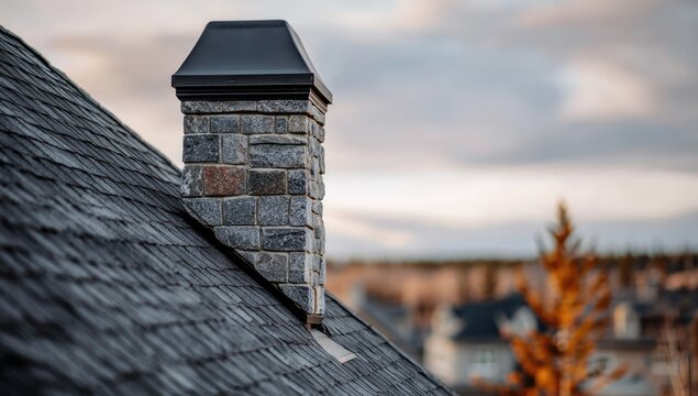 Stone chimney on a dark gray shingled roof