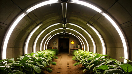 Subterranean futuristic farm with glowing hydroponics tunnels