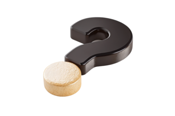 Question mark symbol next to round, beige tablet represents curiosity and inquiry about health or wellness. This evokes sense of seeking answers