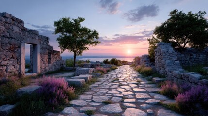 Ancient Stone Ruins with Blooming Flowers against Sunset Sky along the Coast