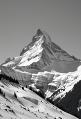 Majestic snow-capped peak rises above a pristine, winter landscape. Dramatic monochrome view of a towering mountain range, black, sharp