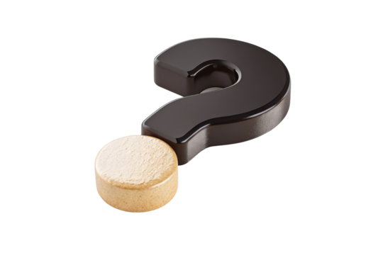 Question mark symbol next to round, beige tablet represents curiosity and inquiry about health or wellness. This evokes sense of seeking answers