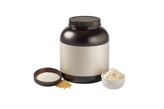 Protein powder container with scoop and powder, showcasing clean and modern design, ideal for fitness enthusiasts